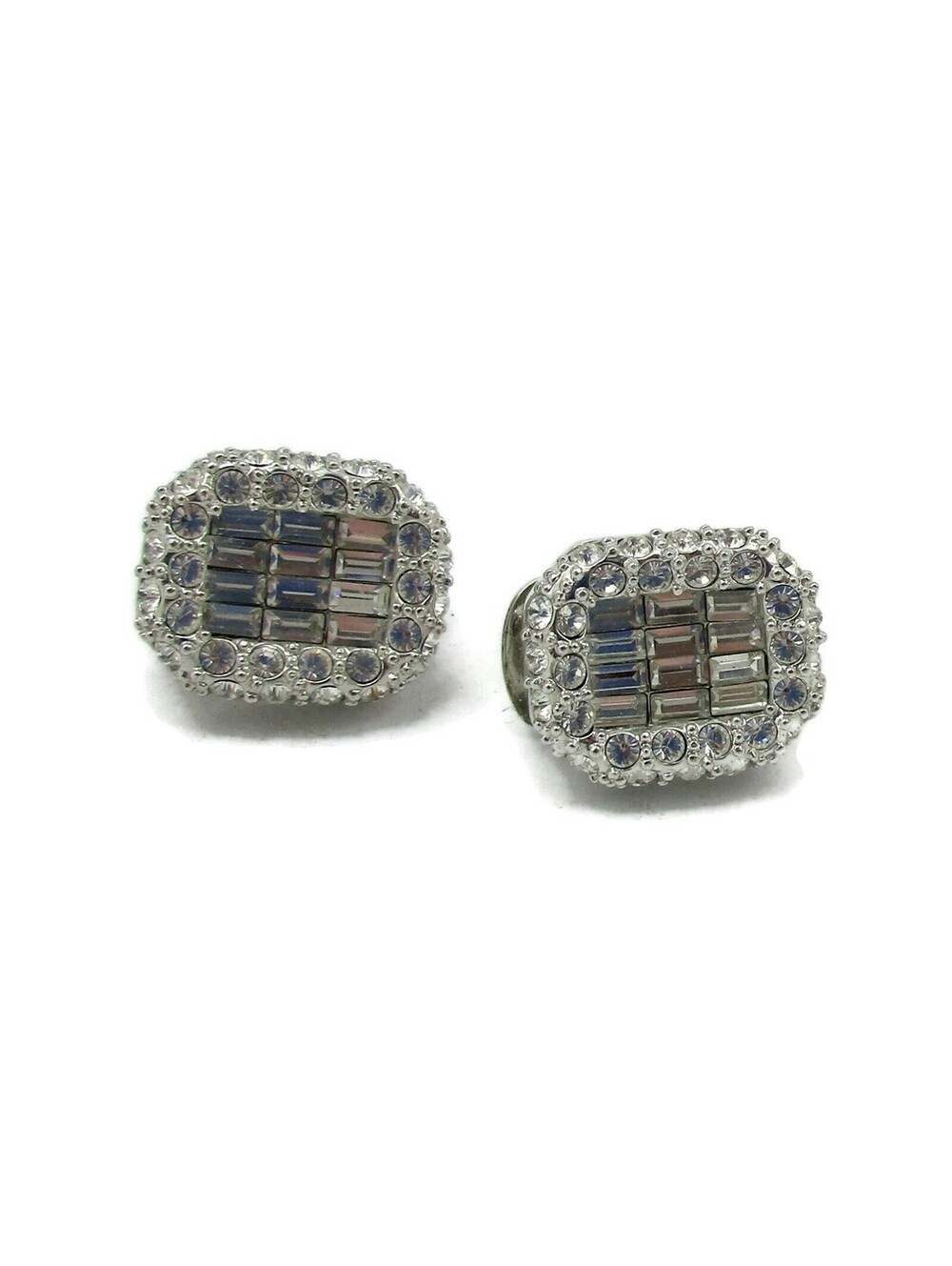 NOLAN MILLER Fancy Silver Tone Rhinestone Clip Earrings SIGNED 3/4"
